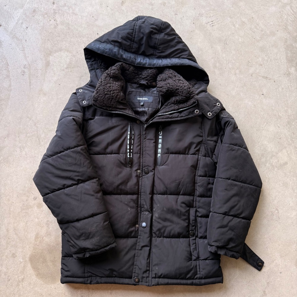 Diesel Youth Black Puffer Jacket Sherpa Lined Hooded Winter‎ Coat Size L 14/16